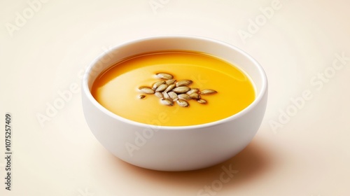 A minimalist white bowl with smooth pumpkin soup and seeds against a stark backdrop, expressing elegance and simplicity.