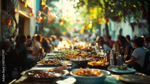 A lively, sunlit street feast where people enjoy colorful dishes under festive flags, embodying community and celebration.