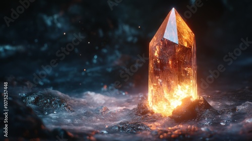 A luminous orange crystal rises from swirling waters, casting an ethereal glow and creating a mystical, enchanting atmosphere.