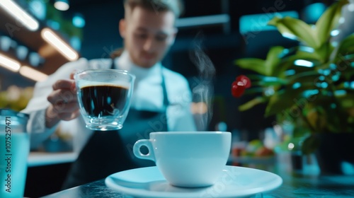 Barista serving a steaming cup of black coffee in a modern cafe with plants and ambient lighting for a contemporary coffee experience, ideal for cafe marketing