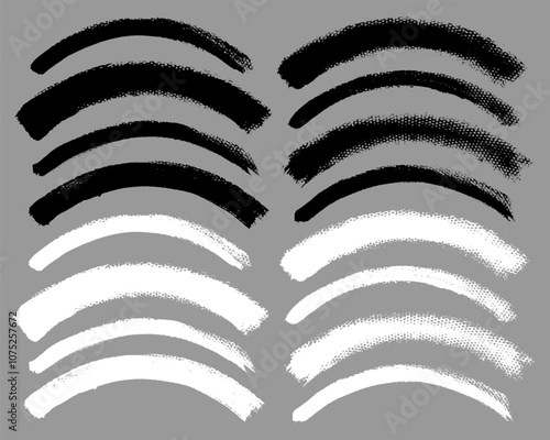 Brush stroke vector. Painted curves, arc lines, isolated. Grunge curvy backgrounds. Textured design elements. Black and white brush options