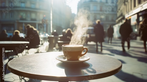 A steaming coffee cup rests on a café table, amidst a bustling city scene, symbolizing a moment of warmth and pause in urban life. photo