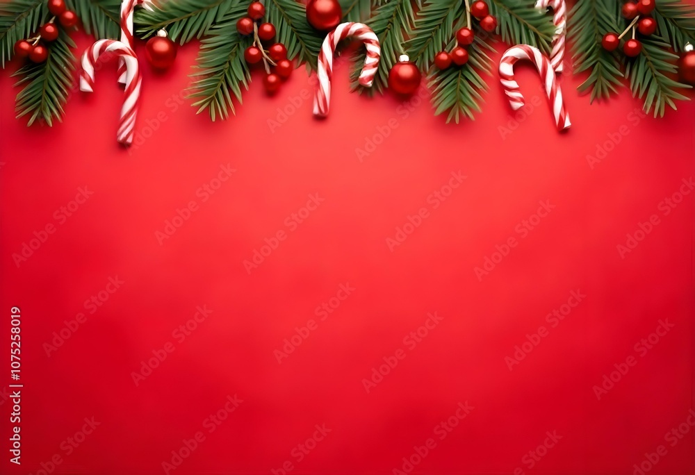 Christmas tree branches with red ornaments and candy canes on a red background. Christmas tree branches with red ornaments and candy canes on a red background.