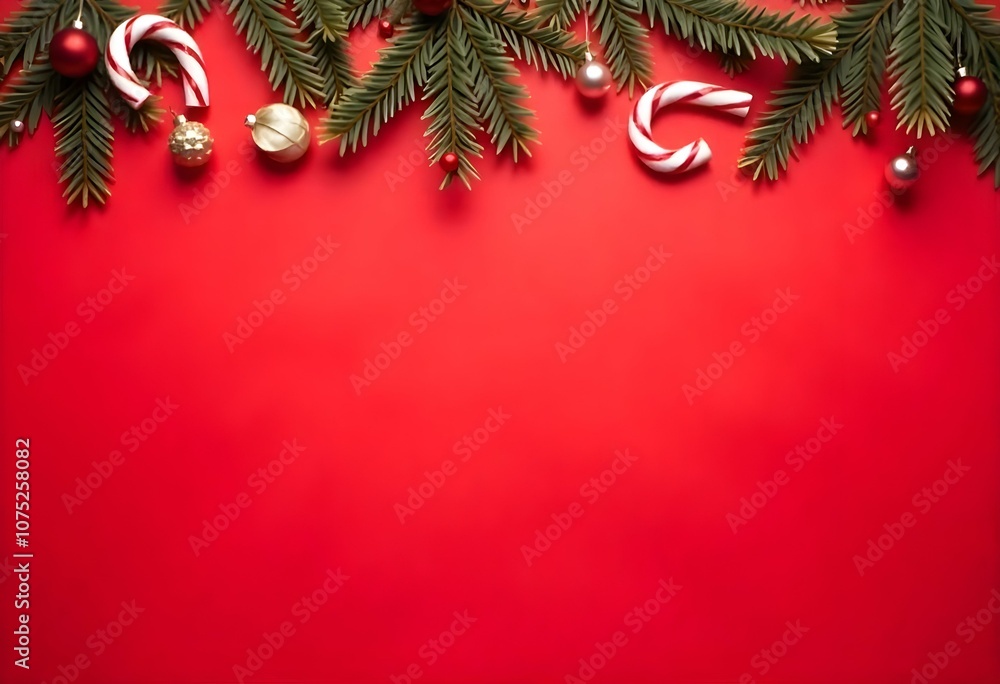 Christmas tree branches with red ornaments and candy canes on a red background. Christmas tree branches with red ornaments and candy canes on a red background.