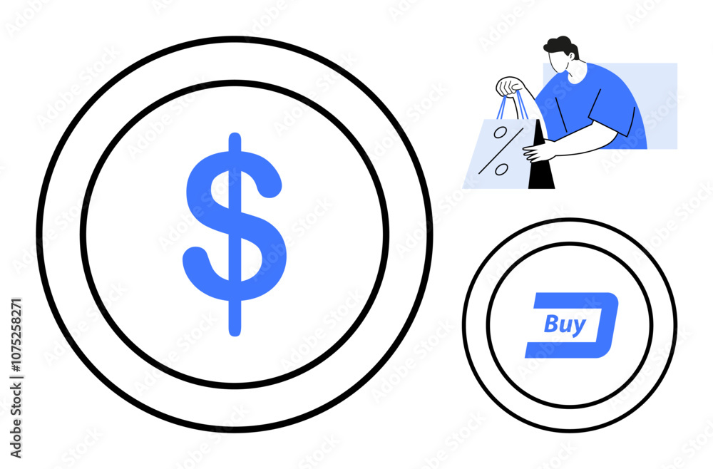 Large dollar sign in the center, person carrying shopping bags, and a Buy button. Ideal for e-commerce, online shopping, financial transactions, retail marketing, digital payments, consumer behavior Large dollar sign in the center, person carrying shopping bags, and a Buy button. Ideal for e-commerce, online shopping, financial transactions, retail marketing, digital payments, consumer behavior