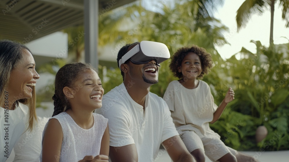 A joyful family shares laughter, captivated by virtual reality, blending technology and togetherness in a blissful moment. A joyful family shares laughter, captivated by virtual reality, blending technology and togetherness in a blissful moment.