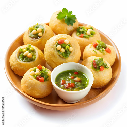 Spicy golgappas (pani puri) with a pleated edge, filled photo