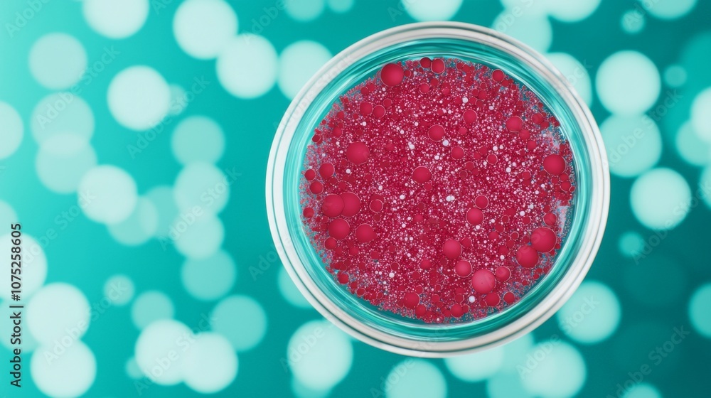 A petri dish filled with pink, red, and white spheres, against a teal bokeh background. A petri dish filled with pink, red, and white spheres, against a teal bokeh background.