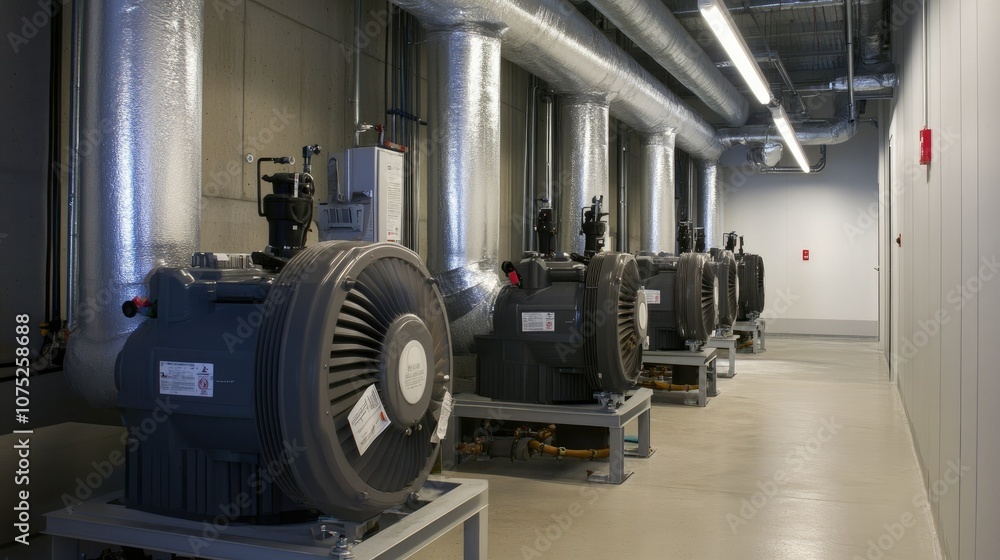 Row of water pumps in a building's AC system, metallic pipes extending to rooftop units. Row of water pumps in a building's AC system, metallic pipes extending to rooftop units.