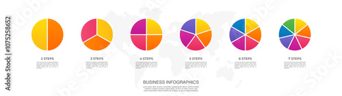 Circle division vector infographics icon set from 2 to 7. Different color circles chart divided 2, 3, 4, 5, 6, 7 equal parts. Business round diagram with same size sectors, fraction.
