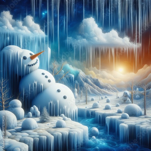 Melting Dreams A surreal landscape of melting snowmen and drippi photo