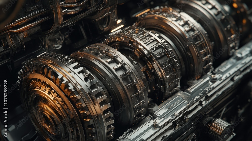 Set of metal gears inside an engine compartment, showing industrial strength and complexity. Set of metal gears inside an engine compartment, showing industrial strength and complexity.