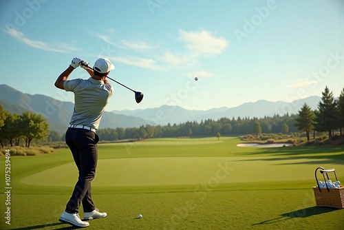 Professional Golfer in Mid-Swing on a Picturesque Golf Course with Mountain Views at Sunset