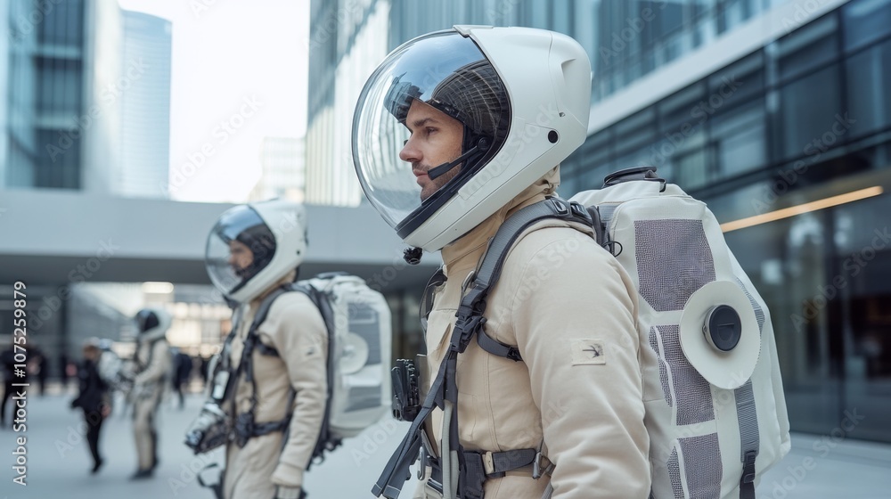 A futuristic astronaut in a sleek suit rests in a lush forest, blending technology with nature, embodying exploration and contemplation. A futuristic astronaut in a sleek suit rests in a lush forest, blending technology with nature, embodying exploration and contemplation.