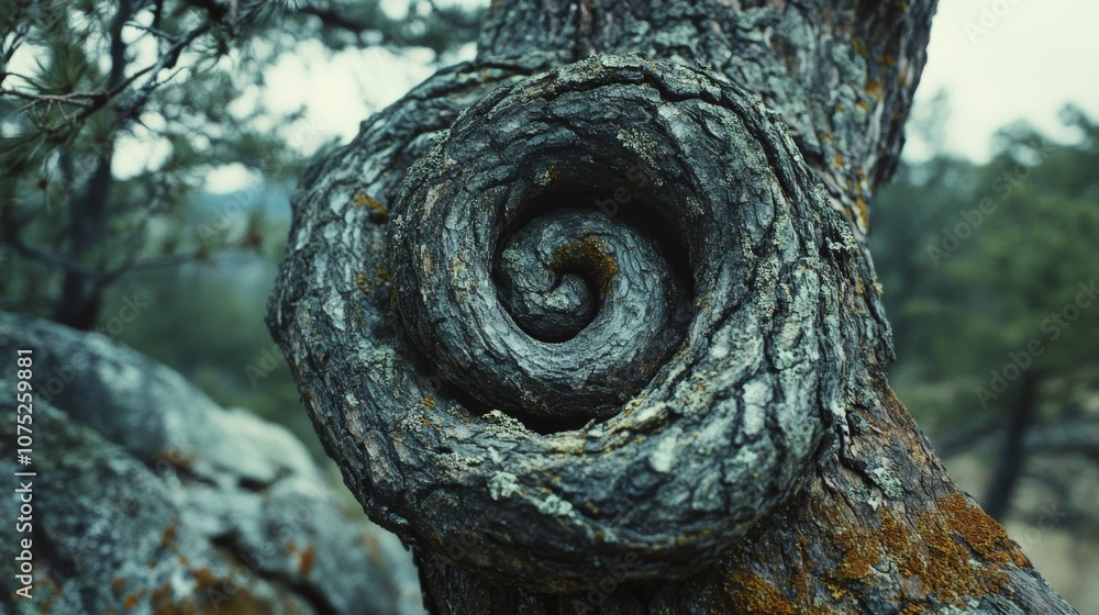 A mysterious spiral formation on an ancient tree trunk evokes nature's artful beauty and timeless wonder amidst a serene forest backdrop. A mysterious spiral formation on an ancient tree trunk evokes nature's artful beauty and timeless wonder amidst a serene forest backdrop.