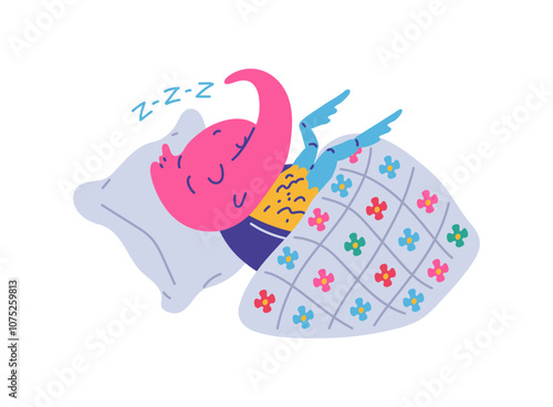 Vector illustration with a cute rhinoceros beetle character who sleeps on a pillow and blanket,
