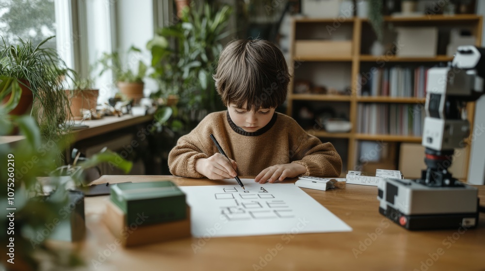 A child sits thoughtfully, solving a puzzle on paper, surrounded by books and a robotic arm, amid a cozy, natural-lit room. A child sits thoughtfully, solving a puzzle on paper, surrounded by books and a robotic arm, amid a cozy, natural-lit room.