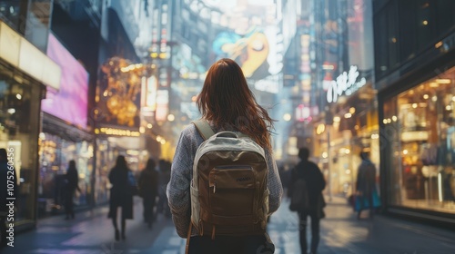 A young woman with a backpack walking through a bustling downtown street, passing shops, cafes, and office buildings, representing modern city life.