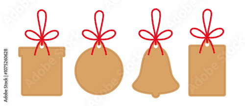 Craft empty Christmas New Year tags: tree ball, gift box, bell with bow and ribbons. Kraft paper background, textbox tied up with cotton red rope bakers twine. Packing string for present. Vector EPS10