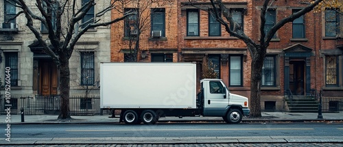 A white delivery truck parked on a city street, surrounded by historic brick buildings and bare trees. Ideal for urban transportation themes. photo