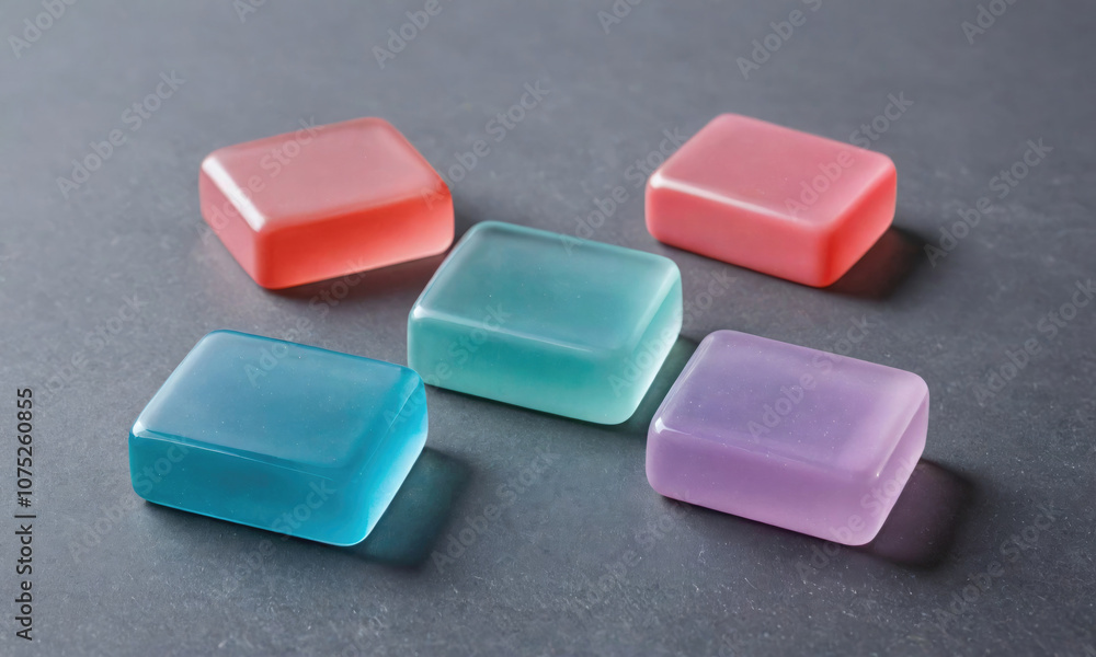Five colorful, translucent blocks lay flat on a grey surface Five colorful, translucent blocks lay flat on a grey surface