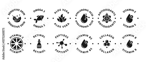 Skin care and cosmetics round sticker or badge set. Organic cosmetics. Natural skin care. Aloe Vera, Hyaluronic acid, peptides, vitamins, sensitive skin signs. Vector icon set