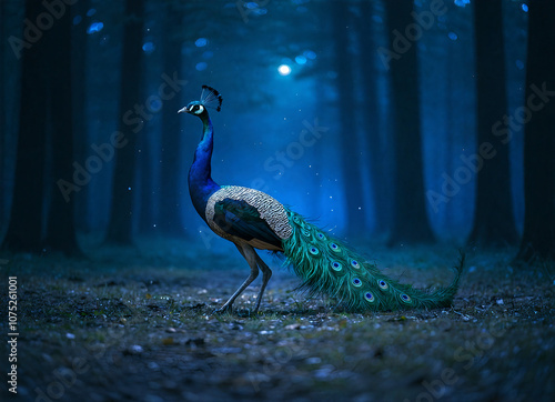 Create an Ultrares Cinematic Photo of a Majestic Peacock Under Moonlight photo