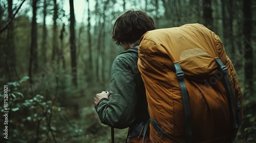 A backpacker with a large orange pack treks through a dense, misty forest, embodying a spirit of adventure and exploration.