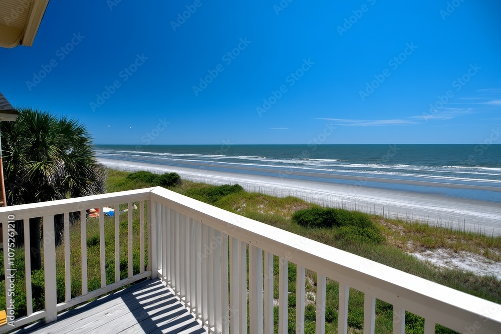 A beach house on stilts with an open deck, overlooking sandy dunes and the ocean A beach house on stilts with an open deck, overlooking sandy dunes and the ocean