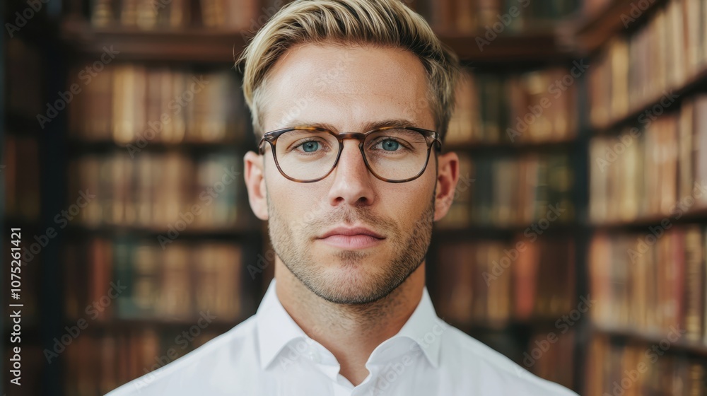 Portrait of caucasian blonde hair man wearing glasses stands in front of a row of bookshelves. The bookshelves are filled with books of various sizes and colors. The man's glasses give him a serious Portrait of caucasian blonde hair man wearing glasses stands in front of a row of bookshelves. The bookshelves are filled with books of various sizes and colors. The man's glasses give him a serious