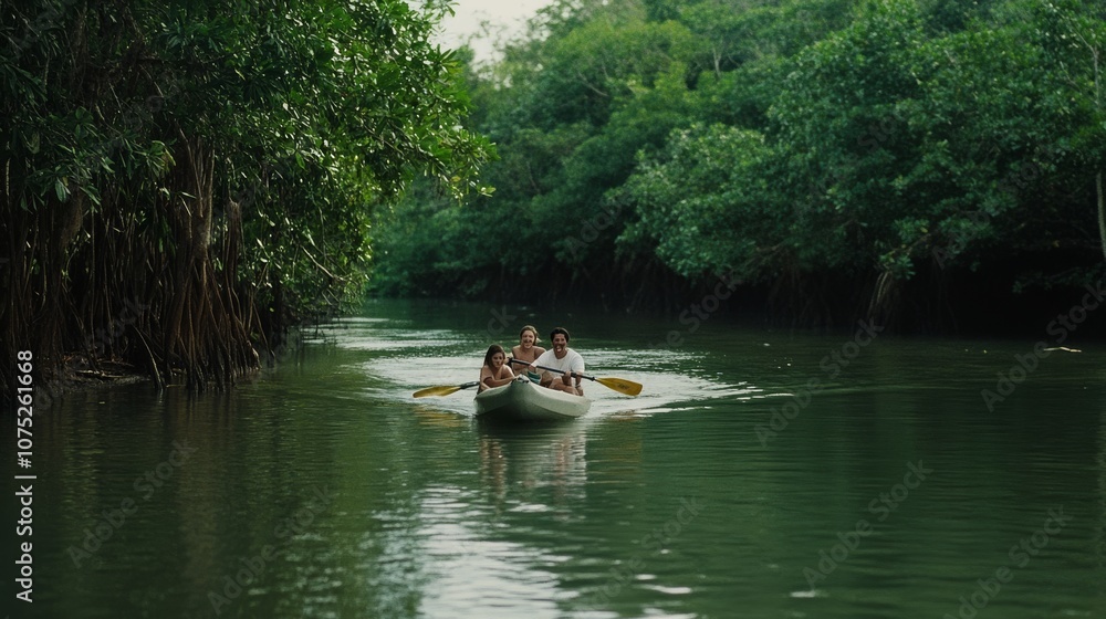 Three people paddle a canoe through a serene, forest-lined river, surrounded by lush greenery and tranquility beneath a soft, overcast sky. Three people paddle a canoe through a serene, forest-lined river, surrounded by lush greenery and tranquility beneath a soft, overcast sky.