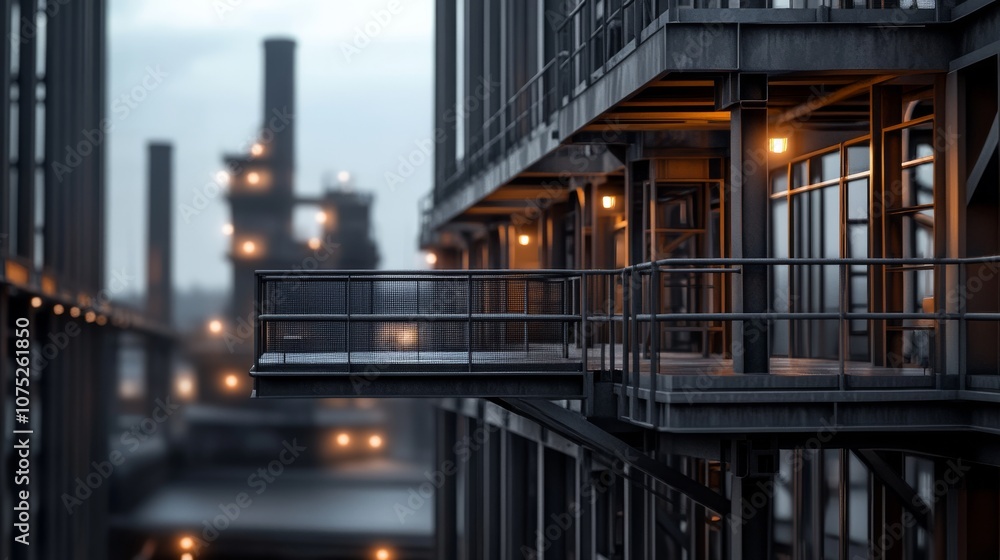 Industrial structures stand tall in the dim, atmospheric evening light, their geometric lines creating a dramatic urban landscape silhouette. Industrial structures stand tall in the dim, atmospheric evening light, their geometric lines creating a dramatic urban landscape silhouette.