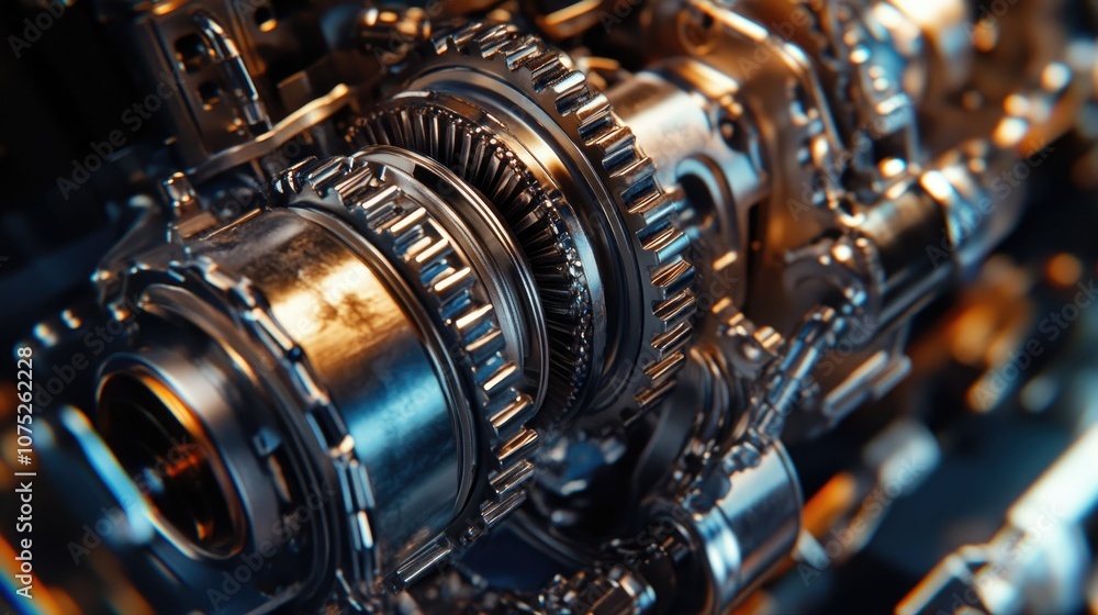 Steel engine gears in motion, close-up showing sharp edges and the mechanical complexity. Steel engine gears in motion, close-up showing sharp edges and the mechanical complexity.