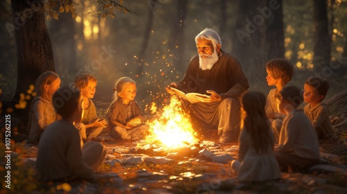 An elder passionately narrates stories by the fire, surrounded by enchanted children under the canopy of a twilight forest. photo