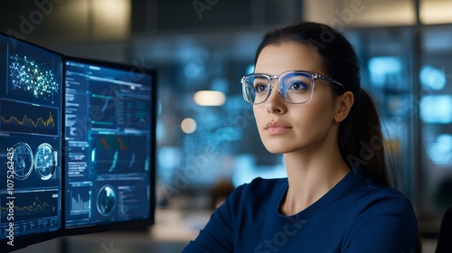 Woman Data Analyst Serious Focused Screen Glasses Technology Future Workplace Digital Modern