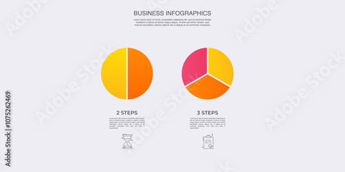 Circle division vector infographics icon set from 2 to 3. Different color circles chart divided 2, 3 equal parts. Business round diagram with same size sectors, fraction.