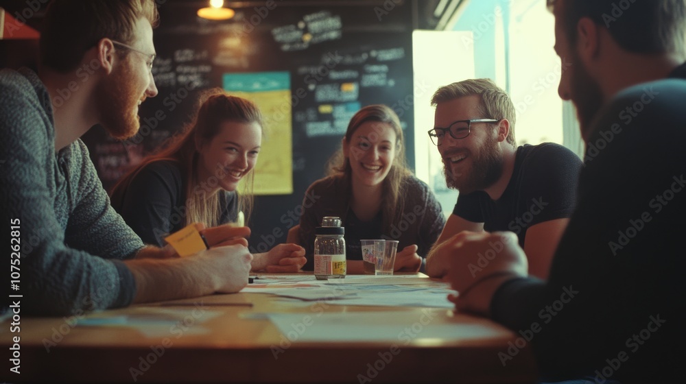 A joyful, engaging team brainstorms at a cozy café, sharing ideas and laughter around a table scattered with papers and drinks. A joyful, engaging team brainstorms at a cozy café, sharing ideas and laughter around a table scattered with papers and drinks.