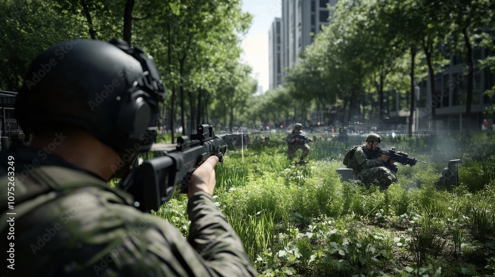 Armed forces lie in wait within urban greenery, poised for action amidst skyscrapers, highlighting tension between nature and city life. Armed forces lie in wait within urban greenery, poised for action amidst skyscrapers, highlighting tension between nature and city life.