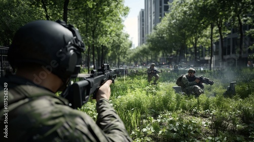 Armed forces lie in wait within urban greenery, poised for action amidst skyscrapers, highlighting tension between nature and city life.