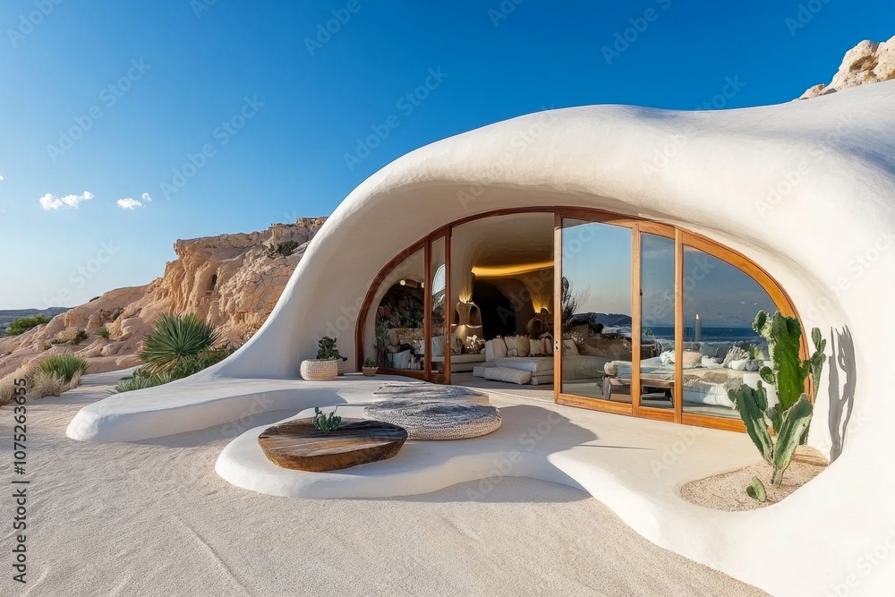 A desert home with adobe-style architecture, large windows, and a patio with desert plants A desert home with adobe-style architecture, large windows, and a patio with desert plants