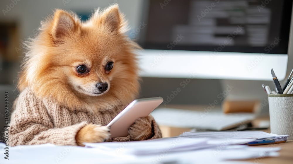 A fluffy Pomeranian wearing a sweater curiously examines a smartphone amidst a cluttered desk, creating a whimsical scene in a tech-savvy environment. A fluffy Pomeranian wearing a sweater curiously examines a smartphone amidst a cluttered desk, creating a whimsical scene in a tech-savvy environment.