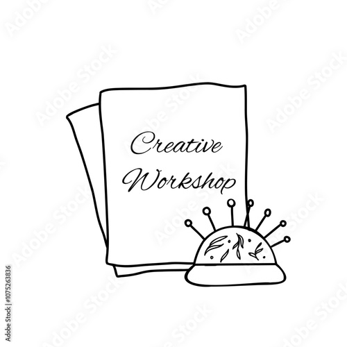 Creative Workshop, Classes Logo. Piece of Cloth or Fabric for Sewing or Embroidery or Needlework with Vintage Needle Pad with Pins. Hand drawn Vector illustration, line art isolated on white