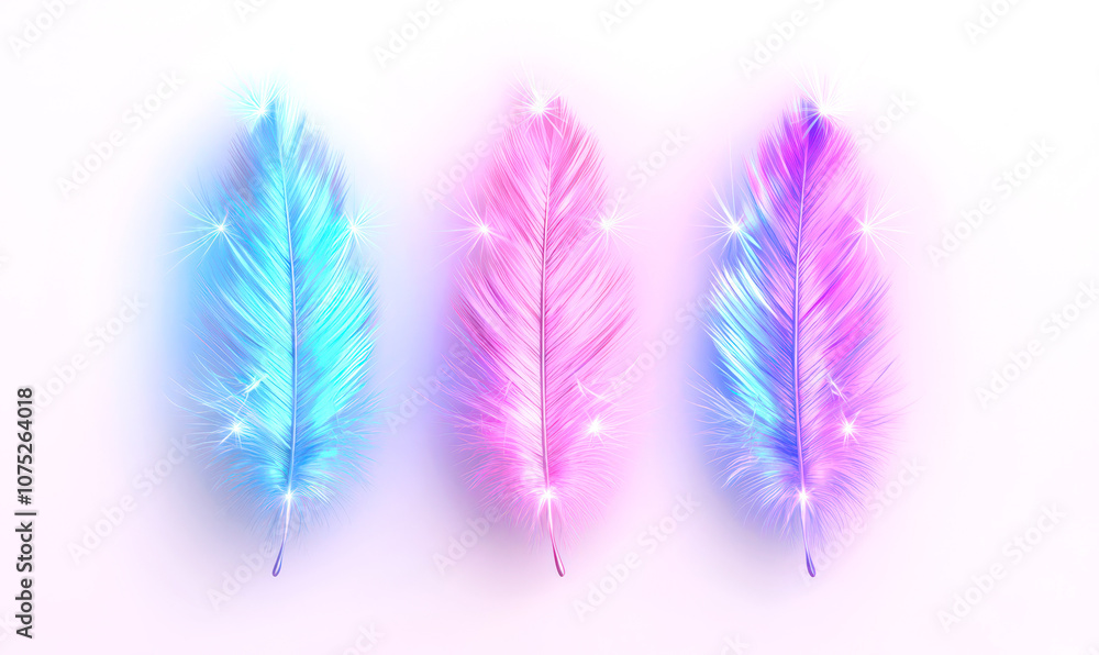 Obraz premium Colorful feathers glowing in vibrant blue and pink hues for creative inspiration isolated on white background