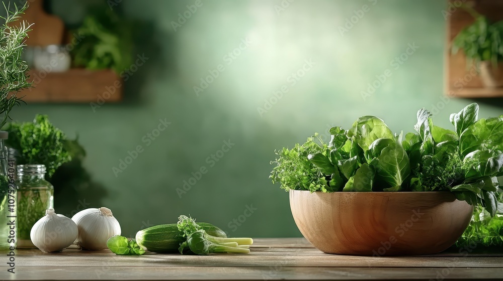 A wooden bowl brimming with fresh leafy greens sits on a rustic kitchen counter, representing health and simplicity, with a focus on natural textures and light. A wooden bowl brimming with fresh leafy greens sits on a rustic kitchen counter, representing health and simplicity, with a focus on natural textures and light.