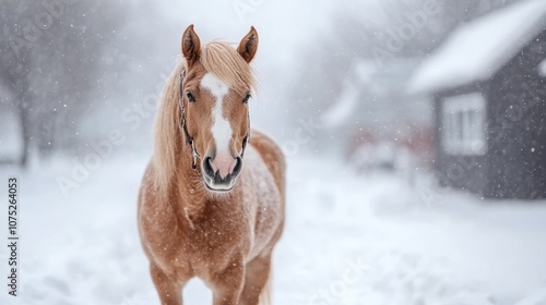 A chestnut horse calmly stands in a snowy landscape, its gentle expression reflecting serenity and strength, surrounded by a wintry, peaceful countryside scene. photo