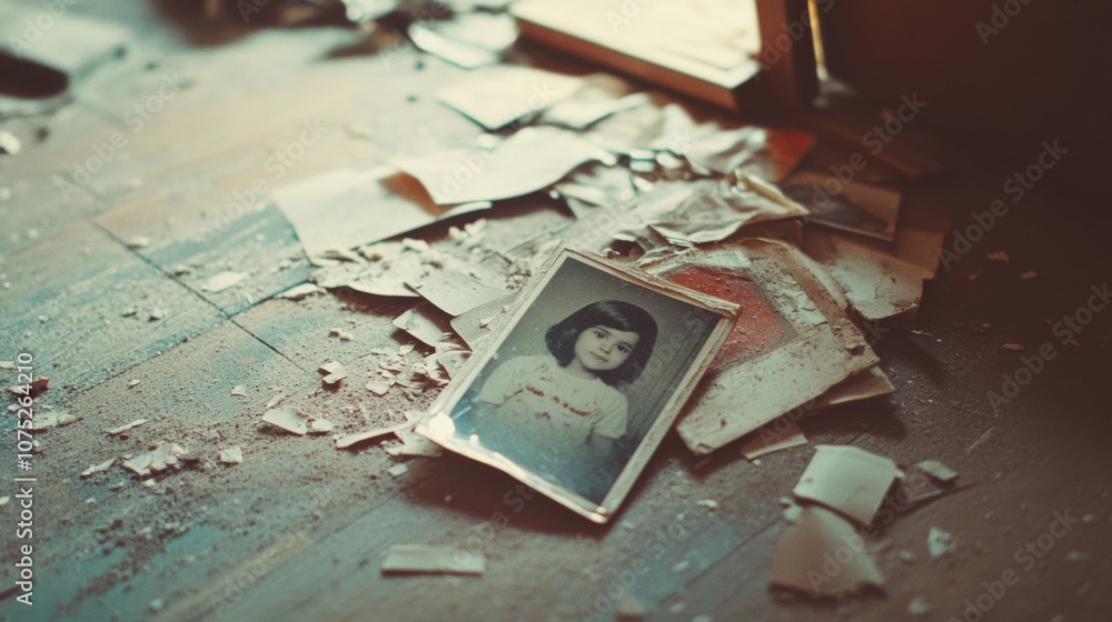 Naklejka premium An old photograph of a child lies among scattered papers on a dusty floor, echoing memories and an aura of nostalgic mystery.