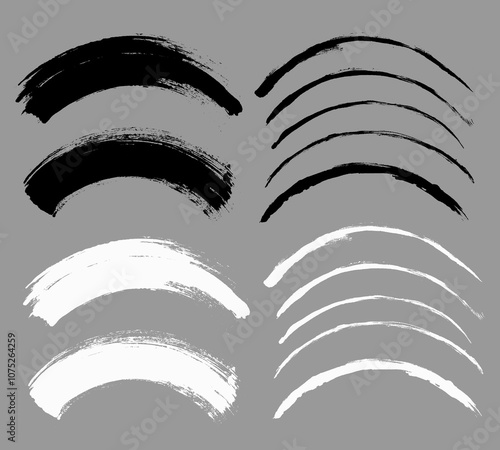 Brush stroke vector. Painted curves, arc lines, isolated. Grunge curvy backgrounds. Textured design elements. Black and white brush options