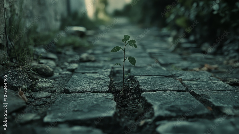 A single green sprout emerges resiliently between timeworn cobblestones, symbolizing hope and renewal. A single green sprout emerges resiliently between timeworn cobblestones, symbolizing hope and renewal.