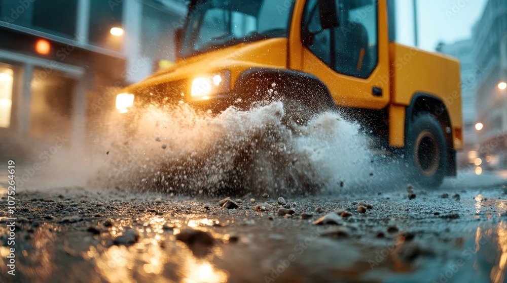 A dynamic shot of a yellow truck driving through rain-soaked urban streets, splashing water, amidst city lights, creating a sense of motion and intensity. A dynamic shot of a yellow truck driving through rain-soaked urban streets, splashing water, amidst city lights, creating a sense of motion and intensity.