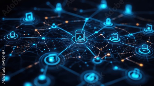 Digital network with interconnected nodes and user icons.